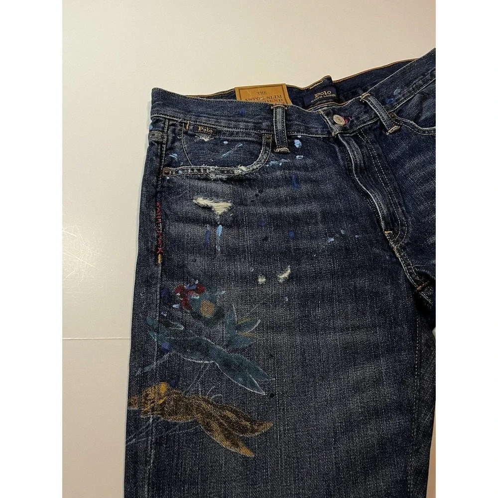 Polo Ralph Lauren Astor Slim Boyfriend Jeans Womens Size 28 Blue Crane Motif NWT - Picture 5 of 11